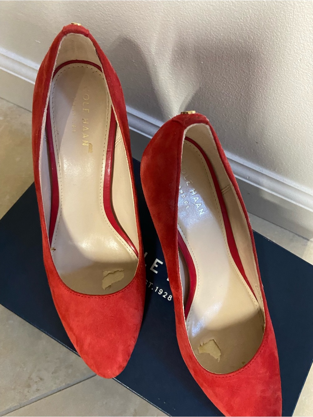 Cole Haan Bright Red Suede Pointed-Toe Pumps - Picture 2 of 3